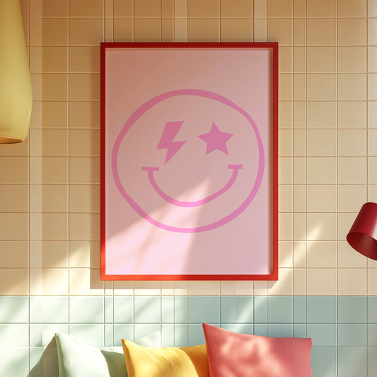 Cheerful Pink Smiley Face Art Print: Brighten Up Your Space with Whimsy and Style