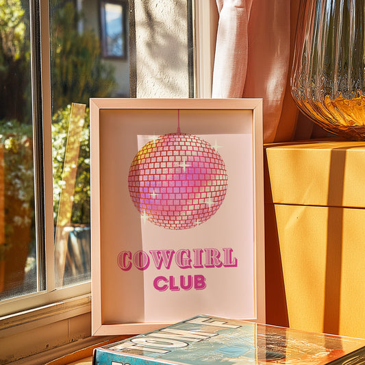 Cowgirl Club Disco Ball Art Print: Retro Glam for Your Space